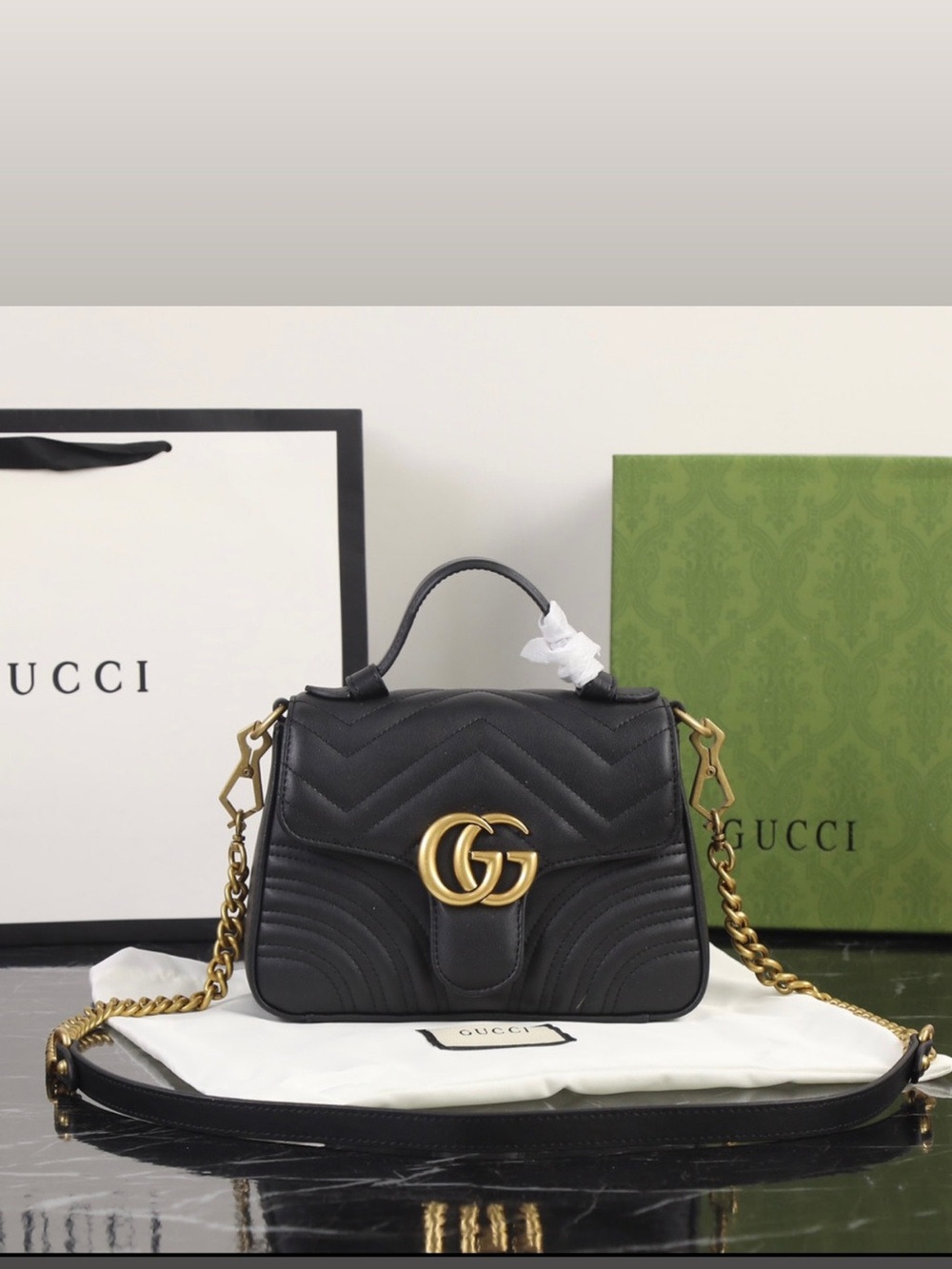 GC Black Quilted Leather Top Handle Satchel with Gold Hardware